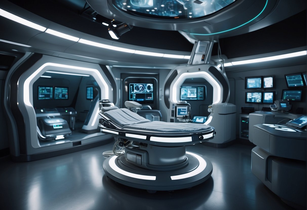 A futuristic operating room in a space station, with advanced robotic surgical tools and holographic displays for remote healthcare delivery