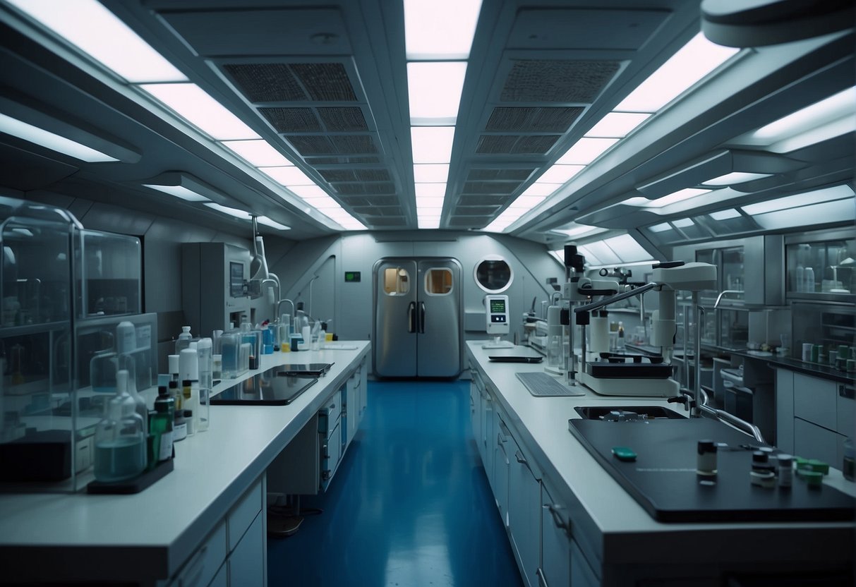 A laboratory in a space station, with pharmaceutical equipment floating in zero gravity, while scientists conduct research on medication production