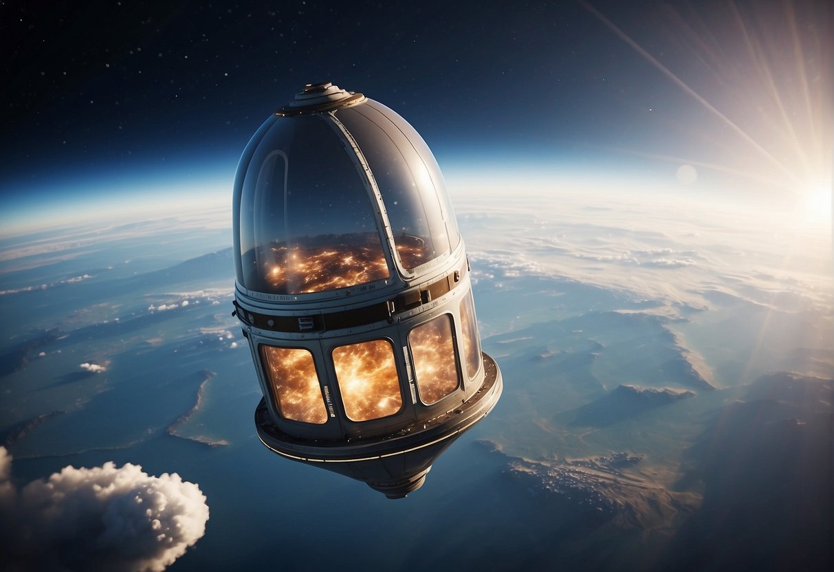 A space capsule floats above Earth, releasing a burst of light. Medical symbols and Earth landscapes surround it