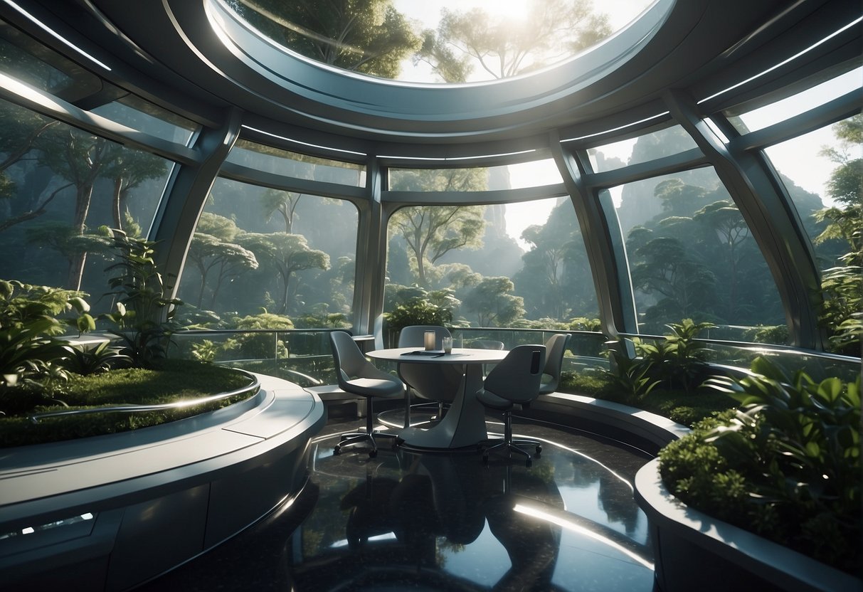The Psychology of Space: A futuristic space habitat with lush greenery, advanced technology, and expansive views of the cosmos
