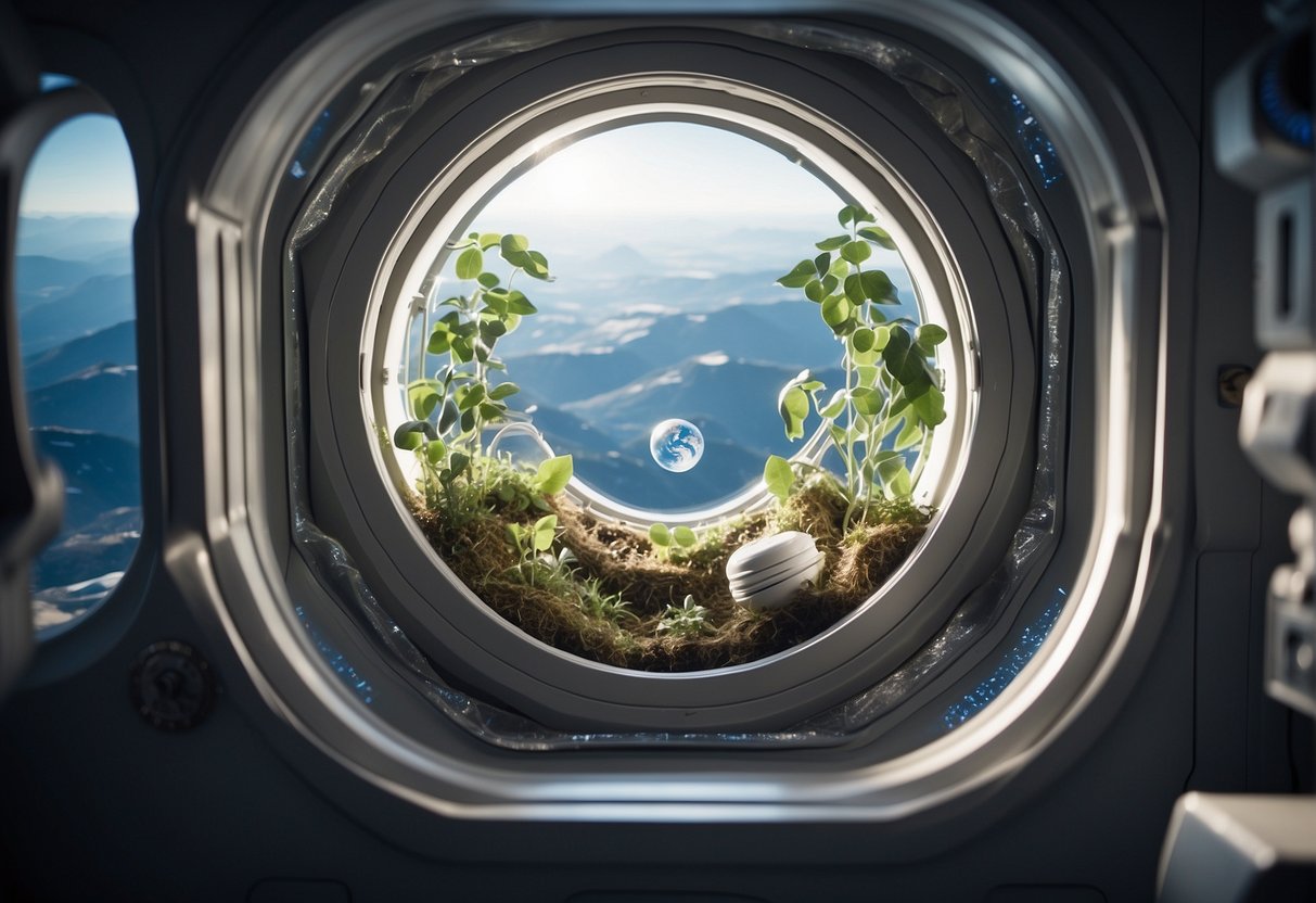 A space habitat with plants, exercise equipment, and personal items floating in zero gravity, with Earth visible through a window