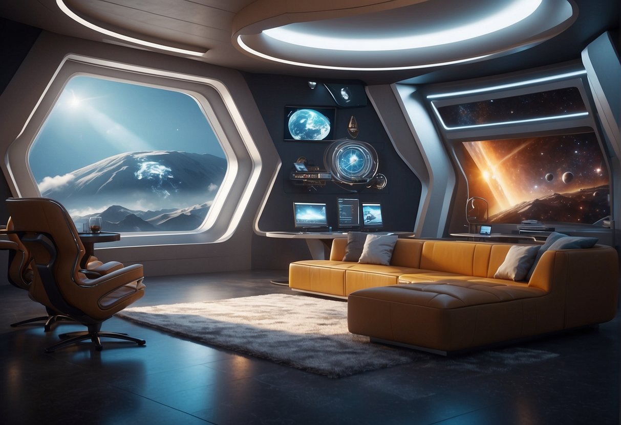 A simulation room with futuristic technology and space-themed decor, showcasing the psychological aspects of living beyond Earth's boundaries