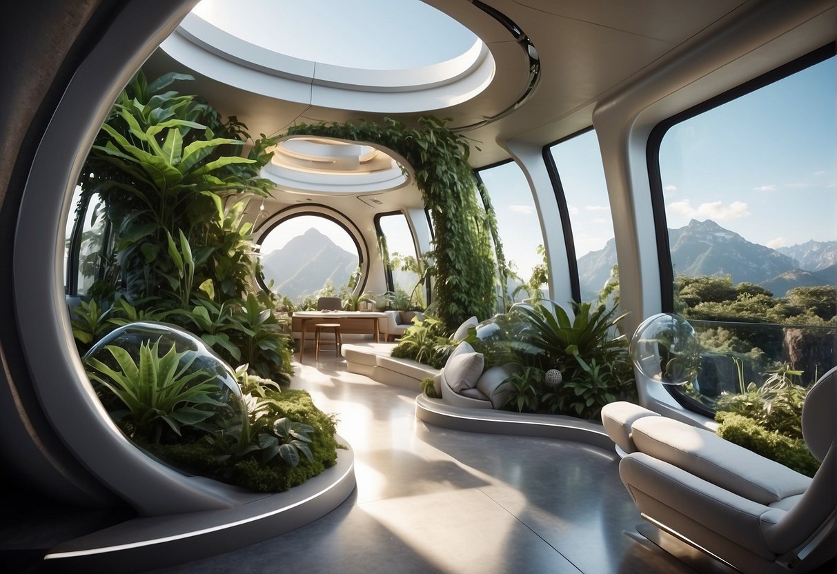 A futuristic space habitat with plants, technology, and comfortable living spaces, showcasing the integration of nature and human comfort beyond Earth's boundaries