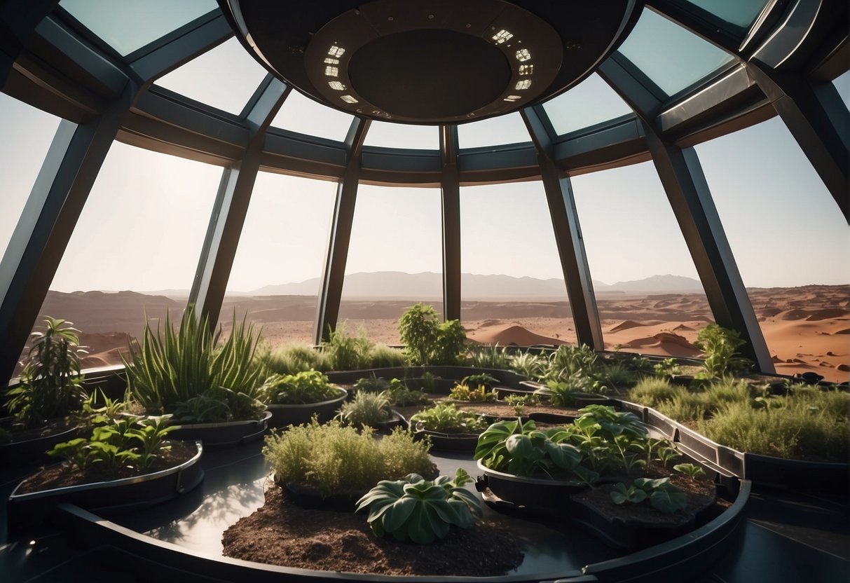 Lush green plants thrive inside a futuristic dome on Mars, with advanced technology supporting sustainable agriculture for space exploration