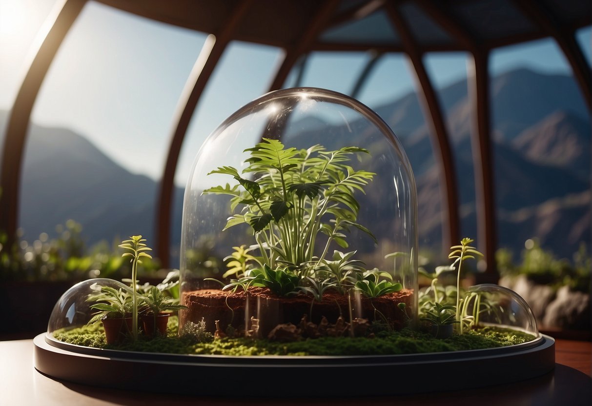 Lush green plants grow inside a high-tech, transparent dome, surrounded by red Martian soil and a backdrop of the vast, star-filled expanse of space