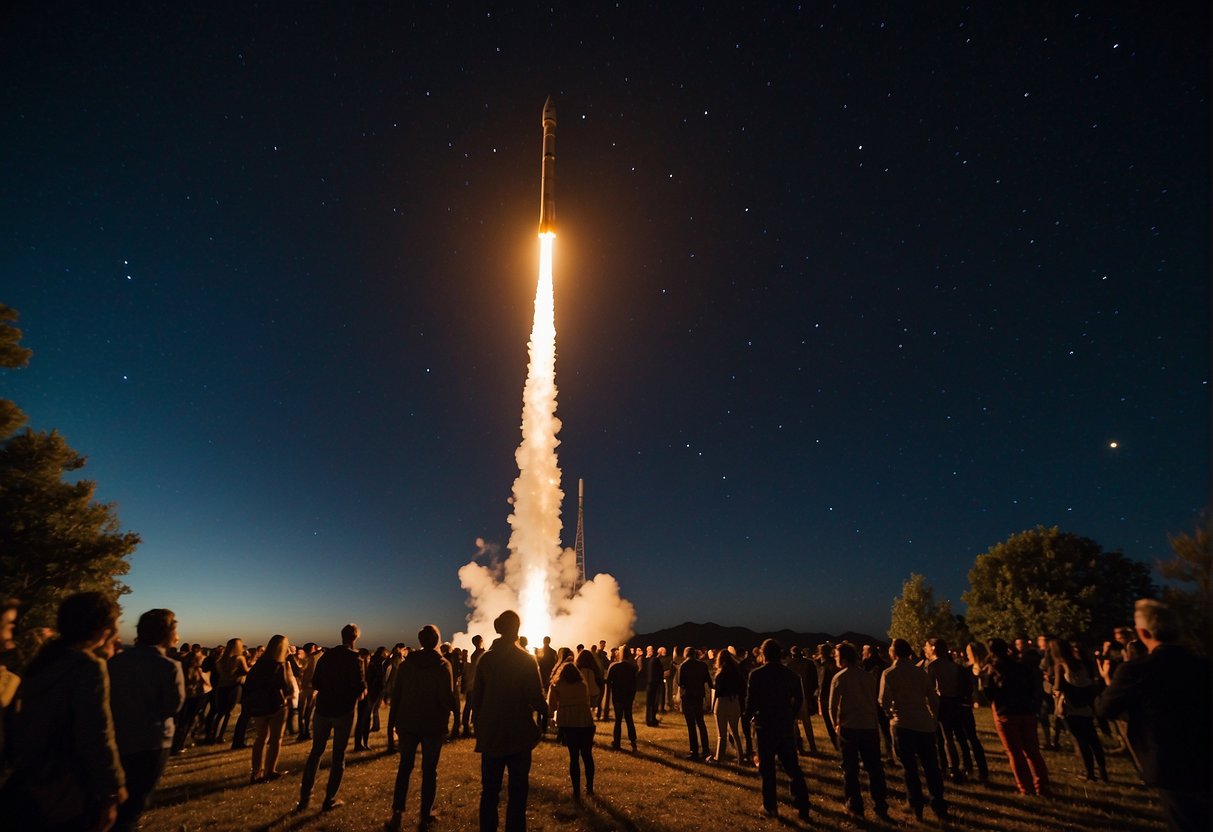 A rocket launches into the night sky, illuminating the darkness with its fiery trail. Below, people gather to watch in awe, symbolizing the cultural impact of space exploration on modern society