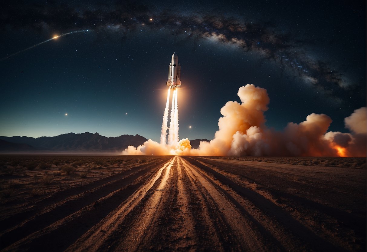 A rocket launches into the starry sky, leaving a trail of fire and smoke. Planets and galaxies fill the background, symbolizing the vastness of space and the impact of space exploration on modern society
