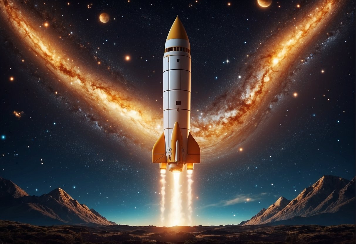 A rocket launches into the night sky, surrounded by swirling galaxies and constellations. Art and literature depicting space exploration line the walls, showcasing its impact on modern society