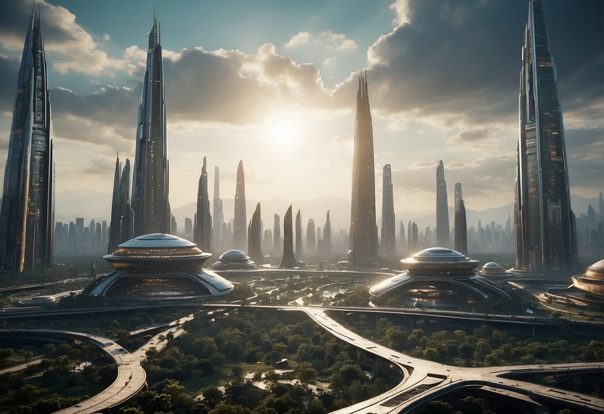 A futuristic cityscape with towering skyscrapers and advanced technology, contrasted with ancient ruins and artifacts, symbolizing the clash of societal perceptions and the concept of the alien in the wake of space exploration's cultural impact