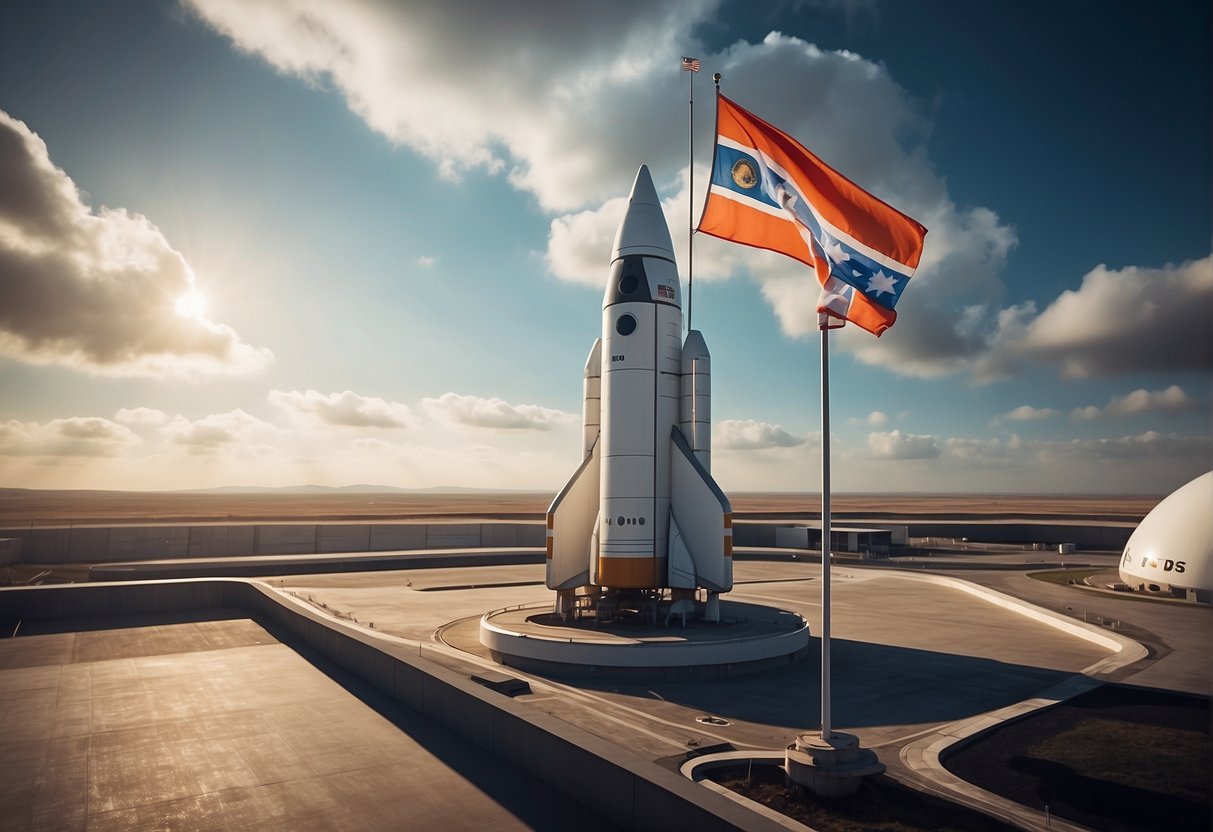 A rocket launches from a futuristic spaceport, with a national flag proudly displayed on its side. The vastness of space looms in the background, symbolizing the cultural impact of space exploration on modern society