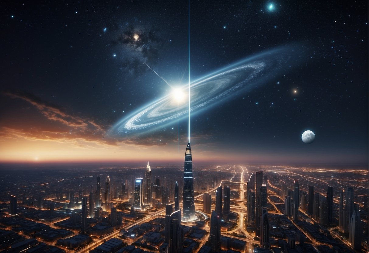 A bustling city skyline with futuristic architecture, spaceports, and spacecraft launching into the cosmos, surrounded by awe-inspiring celestial bodies