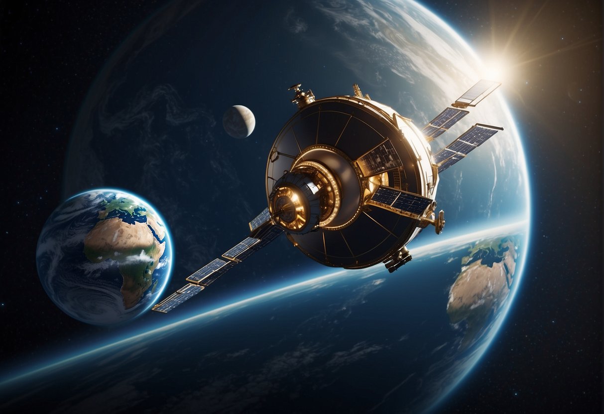Spacecraft orbiting Earth, with celestial bodies in the background. Legal documents and treaties floating around, symbolizing international space law