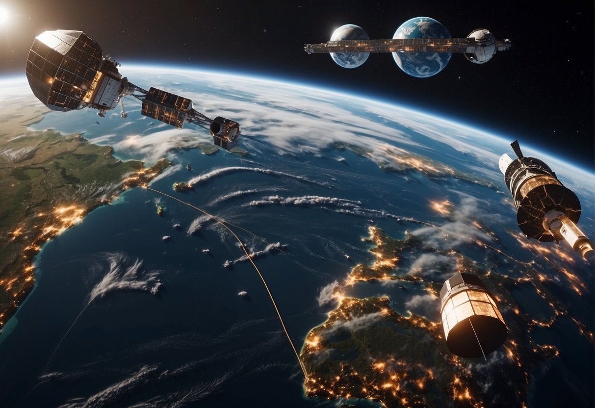 A group of spacecraft from various countries orbiting Earth, with a network of communication satellites connecting them. A legal document outlining international space laws floats nearby