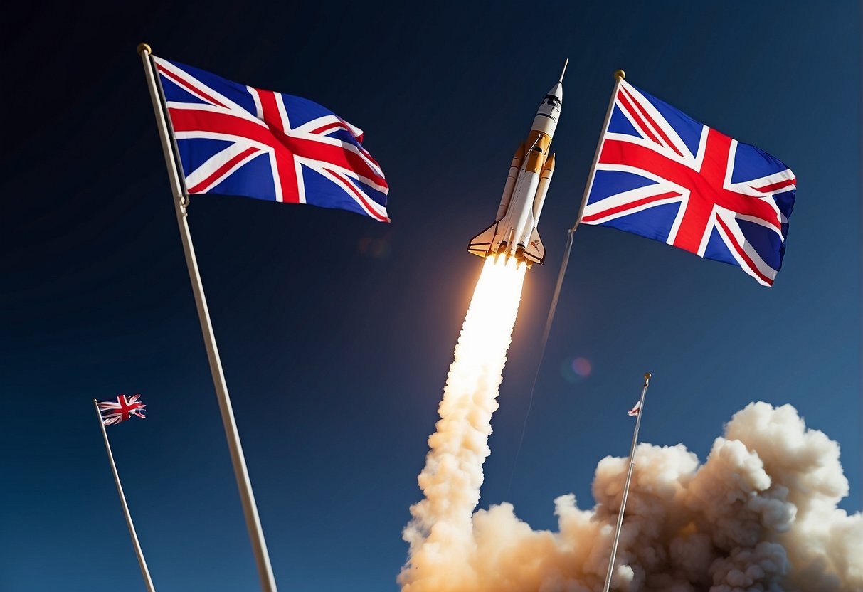 The scene depicts a rocket launching into space with the flags of the UK and India displayed prominently on the side. The Earth is visible in the background, symbolizing the potential for collaboration in space ventures