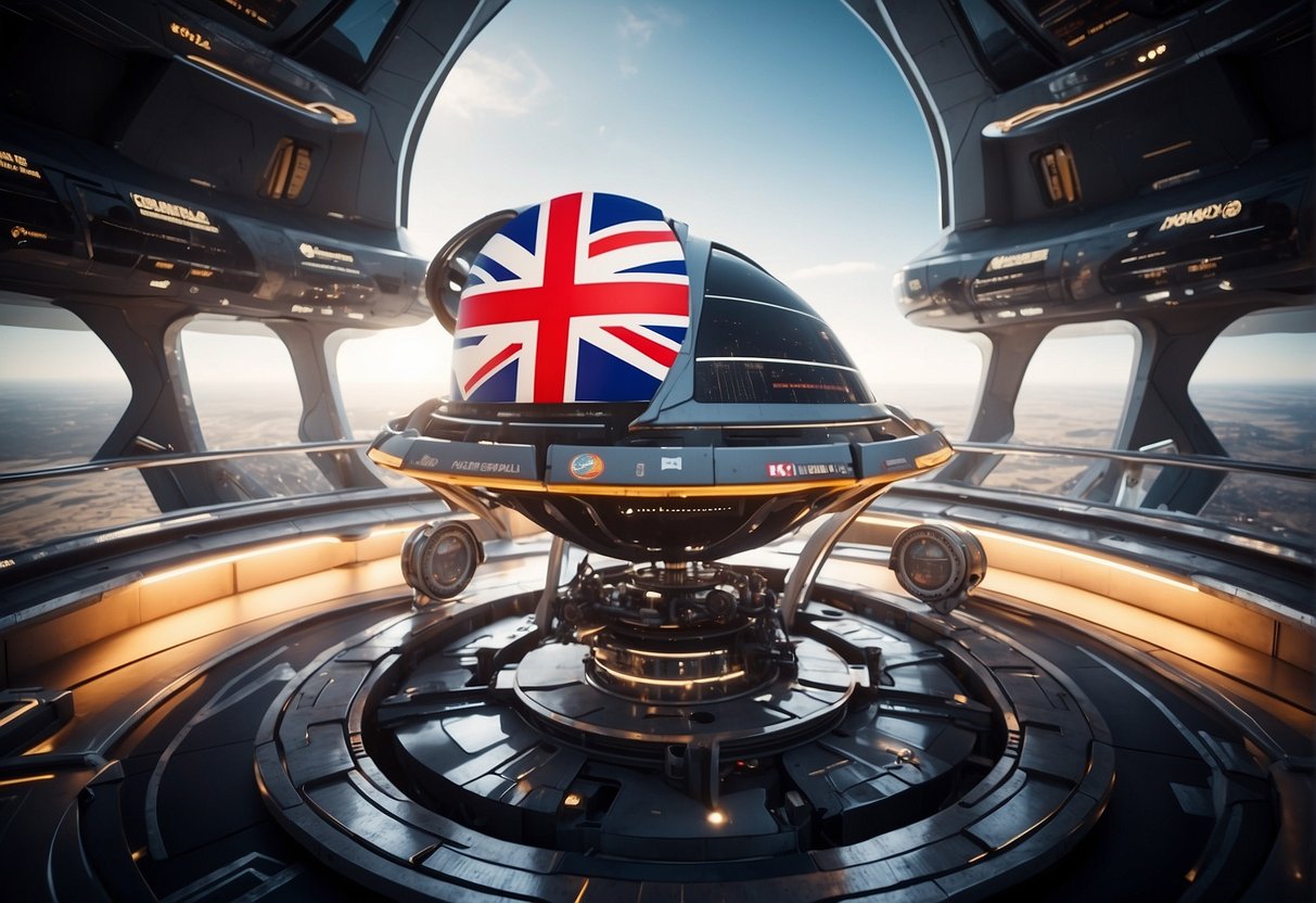 A futuristic spaceport with UK and Indian flags, showcasing collaboration in space ventures. Futuristic spacecraft and satellites are being prepared for launch
