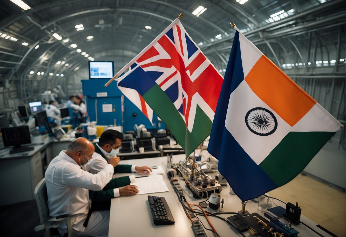 UK and Indian flags flying side by side at a space launch facility, with scientists and engineers working together on spacecraft