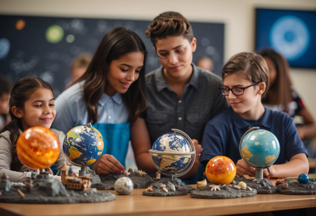 Students explore a space-themed classroom, with models of planets and rockets on display. A teacher leads a demonstration, igniting curiosity in young minds