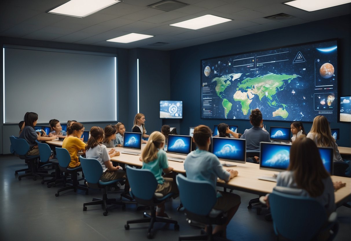 A futuristic classroom with interactive screens, space-themed decor, and students engaged in hands-on experiments