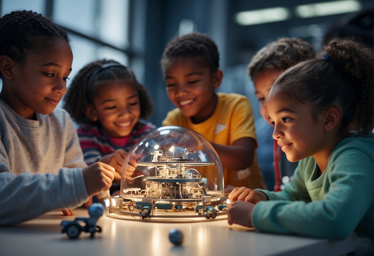 A diverse group of children engage in hands-on space activities, with accessible tools and resources, inspiring the next generation of UK scientists