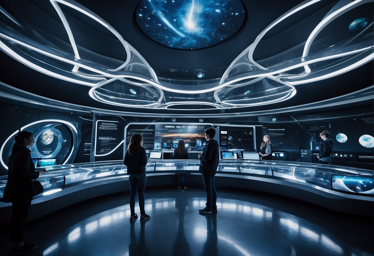 A futuristic space education center with advanced technology, interactive exhibits, and students engaged in hands-on learning activities. Bright lights and sleek designs create an inspiring atmosphere for the next generation of UK scientists