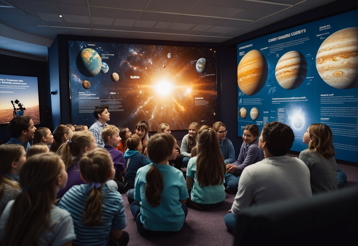 A group of young students eagerly listen as a passionate educator discusses space exploration and science education. The room is filled with posters and models of planets, sparking curiosity and excitement