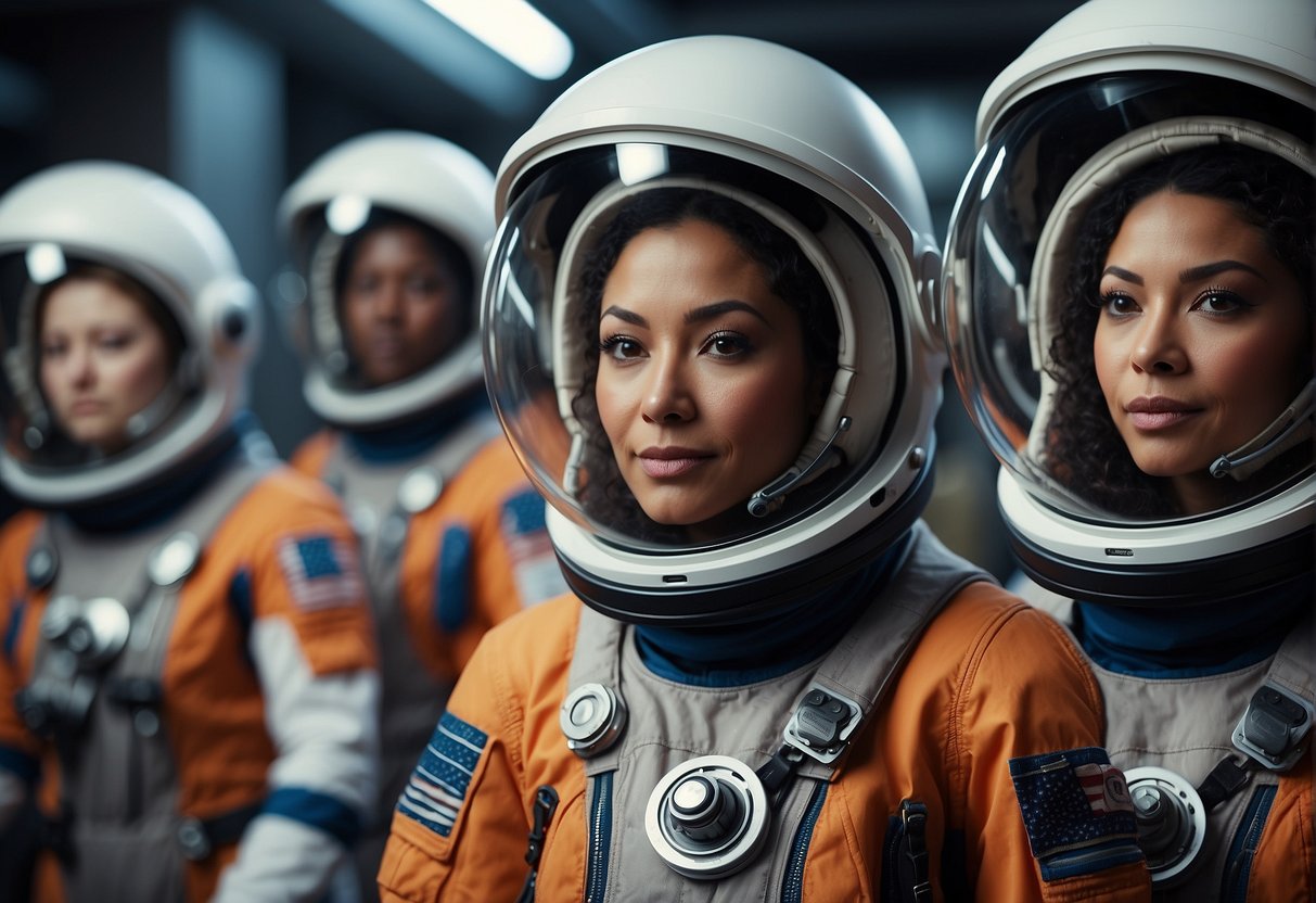 A diverse group of women astronauts in space suits, surrounded by futuristic technology and spacecraft, breaking boundaries and setting records in space exploration