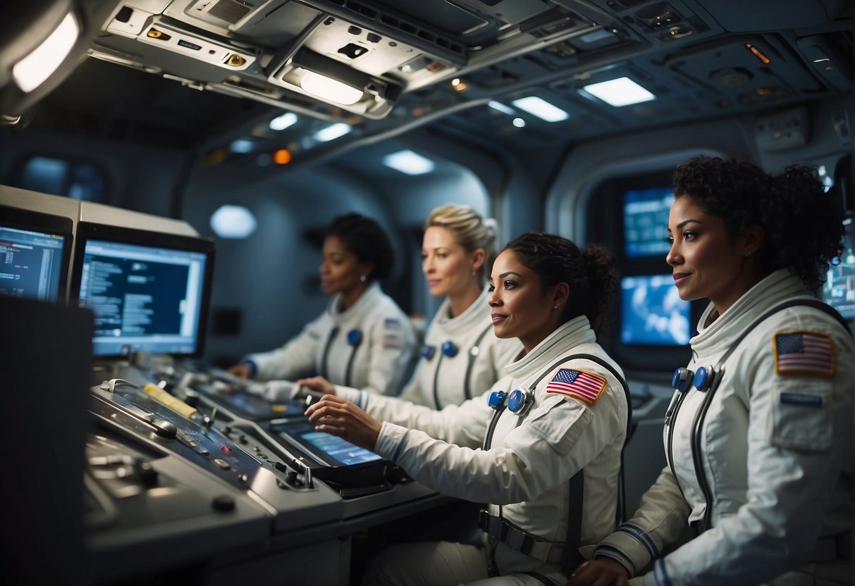 A diverse group of female astronauts from different countries working together in a space station, conducting experiments and making groundbreaking discoveries