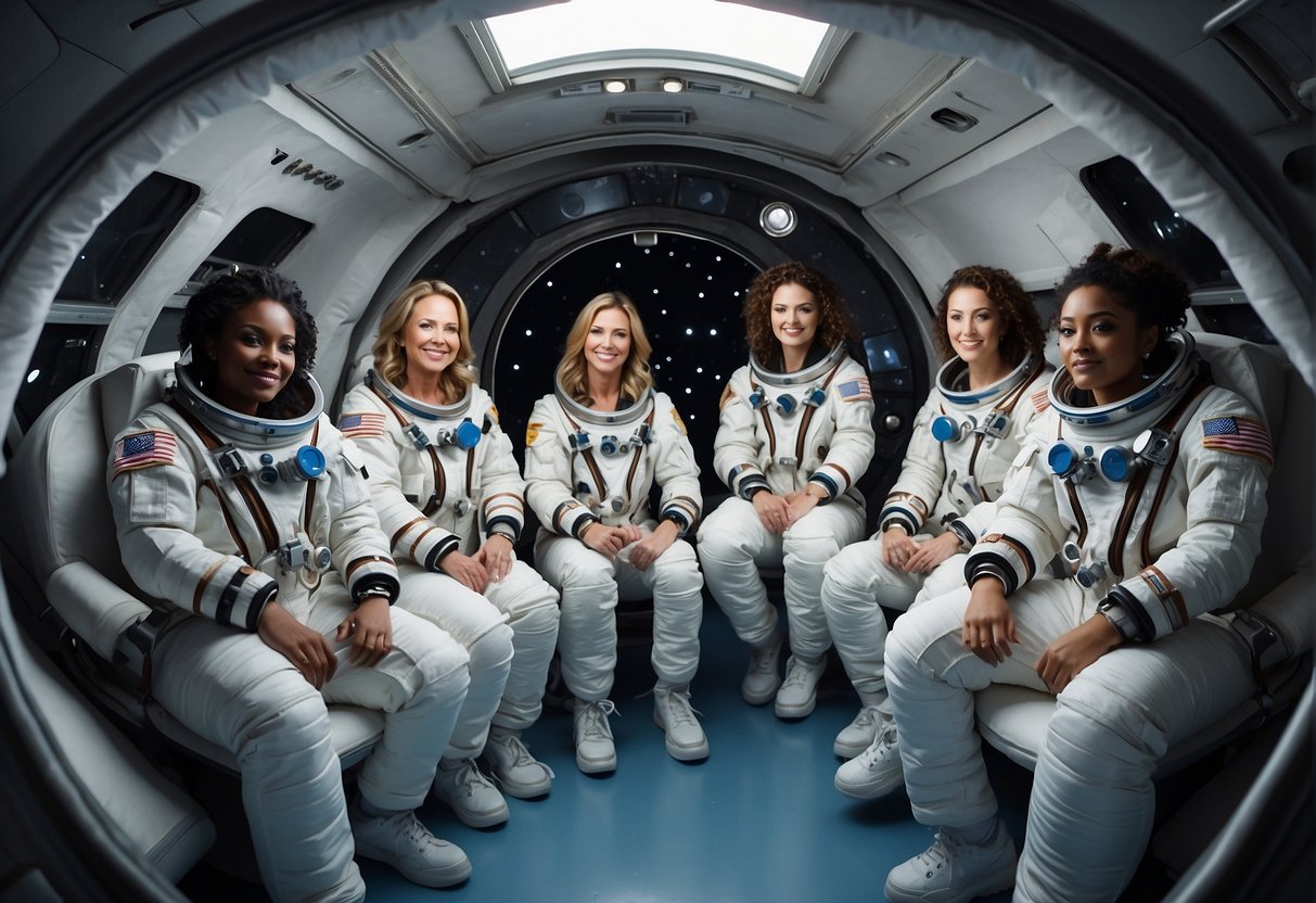 A group of female astronauts floating in zero gravity, surrounded by space equipment and technology, breaking boundaries and setting records
