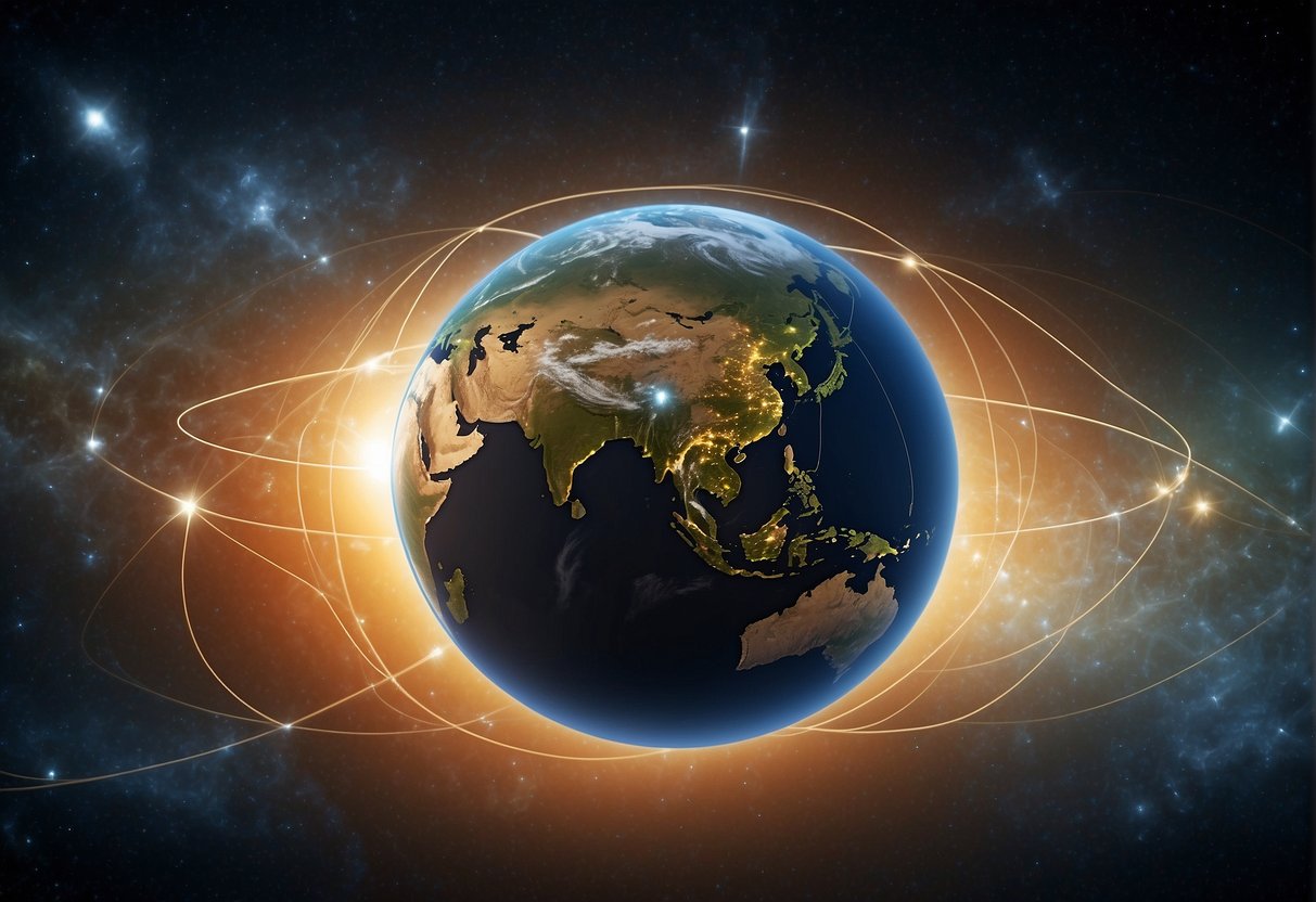 A satellite orbits Earth, beaming internet signals to remote areas. The globe is divided into connected digital networks