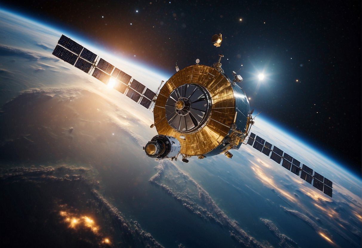 A satellite orbiting Earth, surrounded by encrypted data streams, showcasing the UK's quantum technology for secure space communications