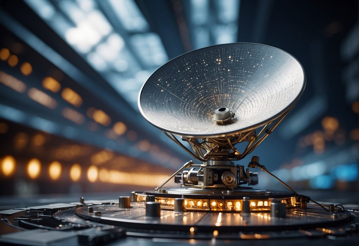A satellite dish receiving encrypted signals from space, surrounded by advanced quantum technology equipment and a secure communication network