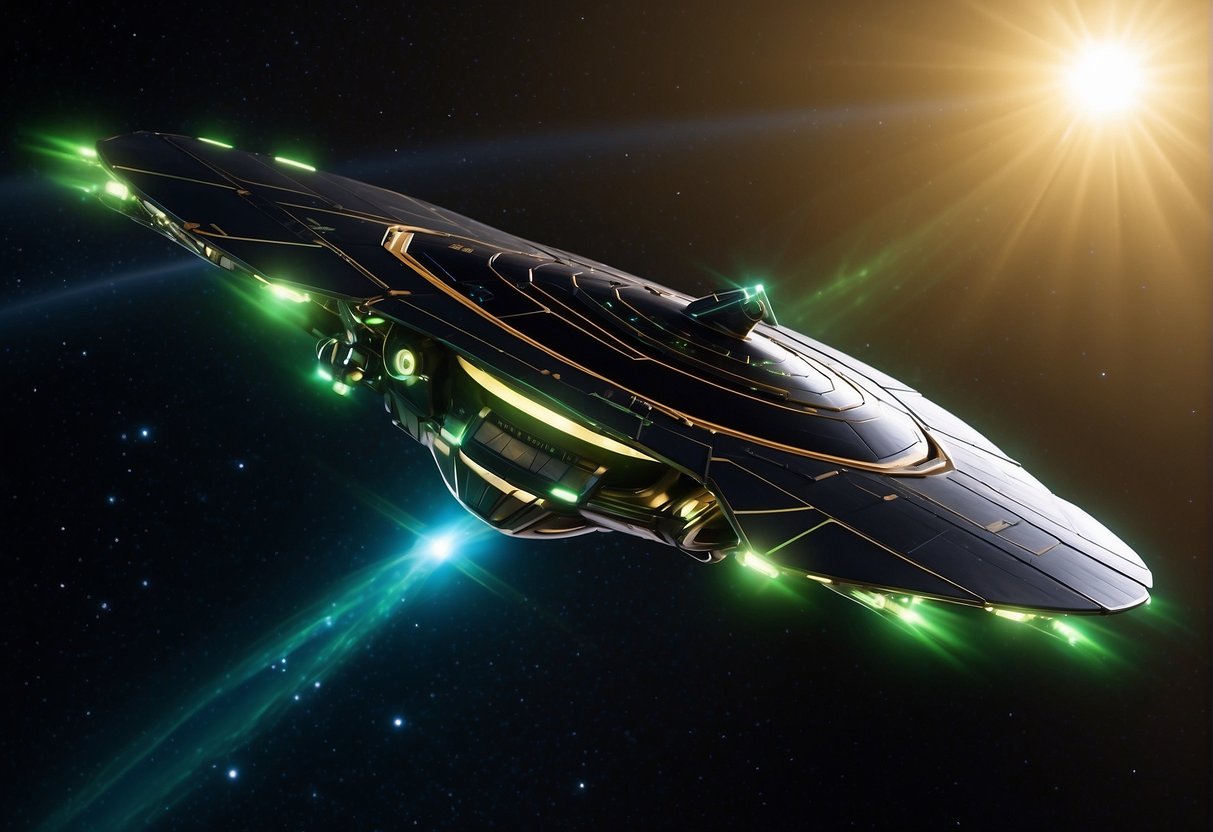 The Greening of Space Travel: A sleek spacecraft glides through the starry expanse, propelled by shimmering green energy. Solar panels glisten on its surface, harnessing the power of the sun. A trail of vibrant, eco-friendly propulsion propels it forward