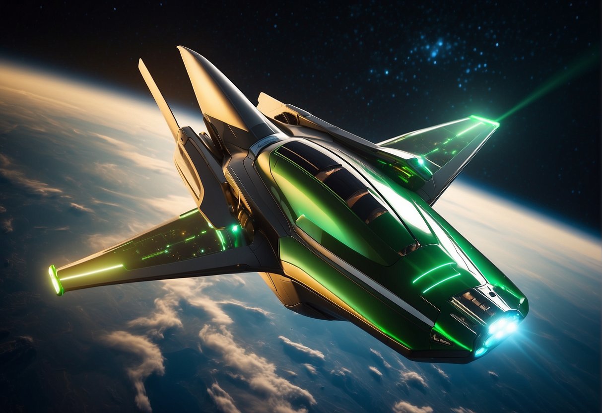 A sleek, futuristic spacecraft powered by eco-friendly propulsion soars through the stars, leaving behind a trail of vibrant, green-hued exhaust