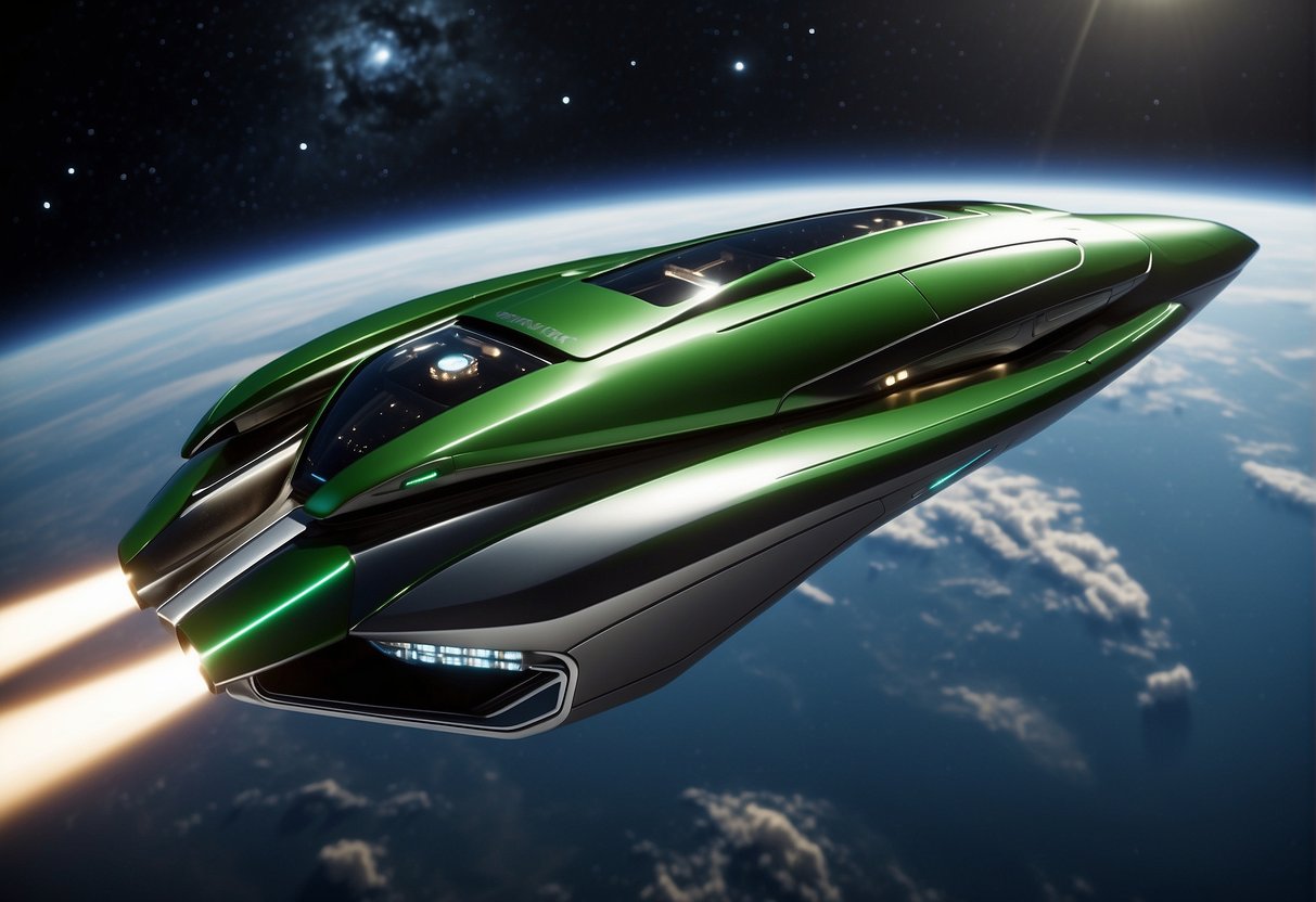 A sleek spaceship powered by advanced eco-friendly propulsion systems soars through the cosmos, leaving behind a trail of vibrant green energy