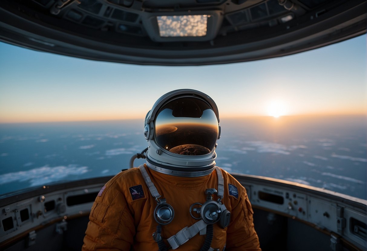 Space and Mental Health:  A solitary astronaut gazes out at the vast expanse of space from a window in the spacecraft, contemplating the impact of long-duration missions on mental health