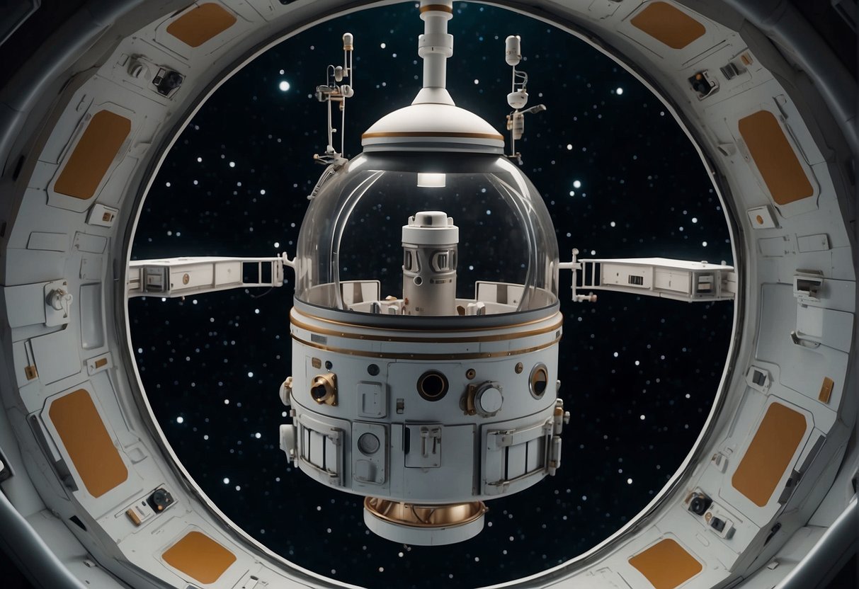 A space capsule floats in the vast emptiness of outer space, surrounded by stars and planets. The interior is filled with scientific equipment and personal belongings, creating a sense of isolation and confinement