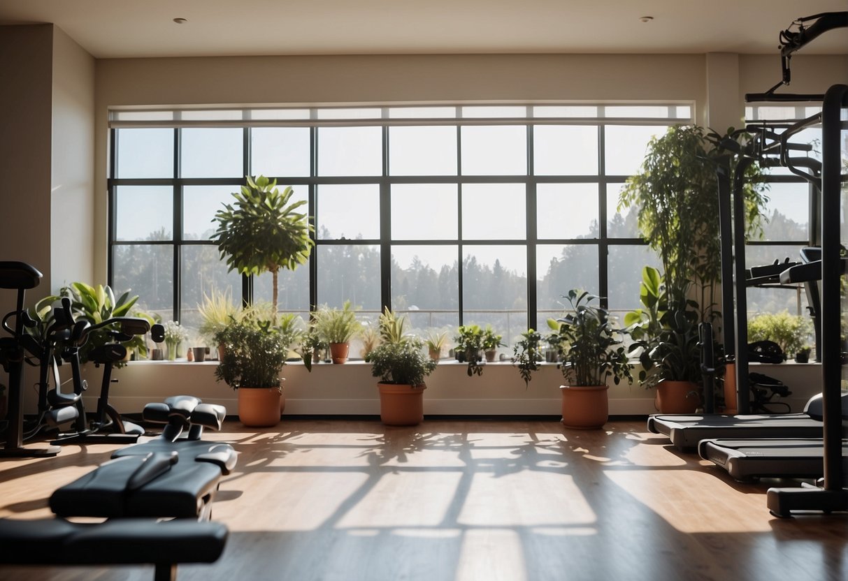 A spacious, well-lit environment with exercise equipment, plants, and calming decor. A variety of mental health resources and relaxation tools are also present