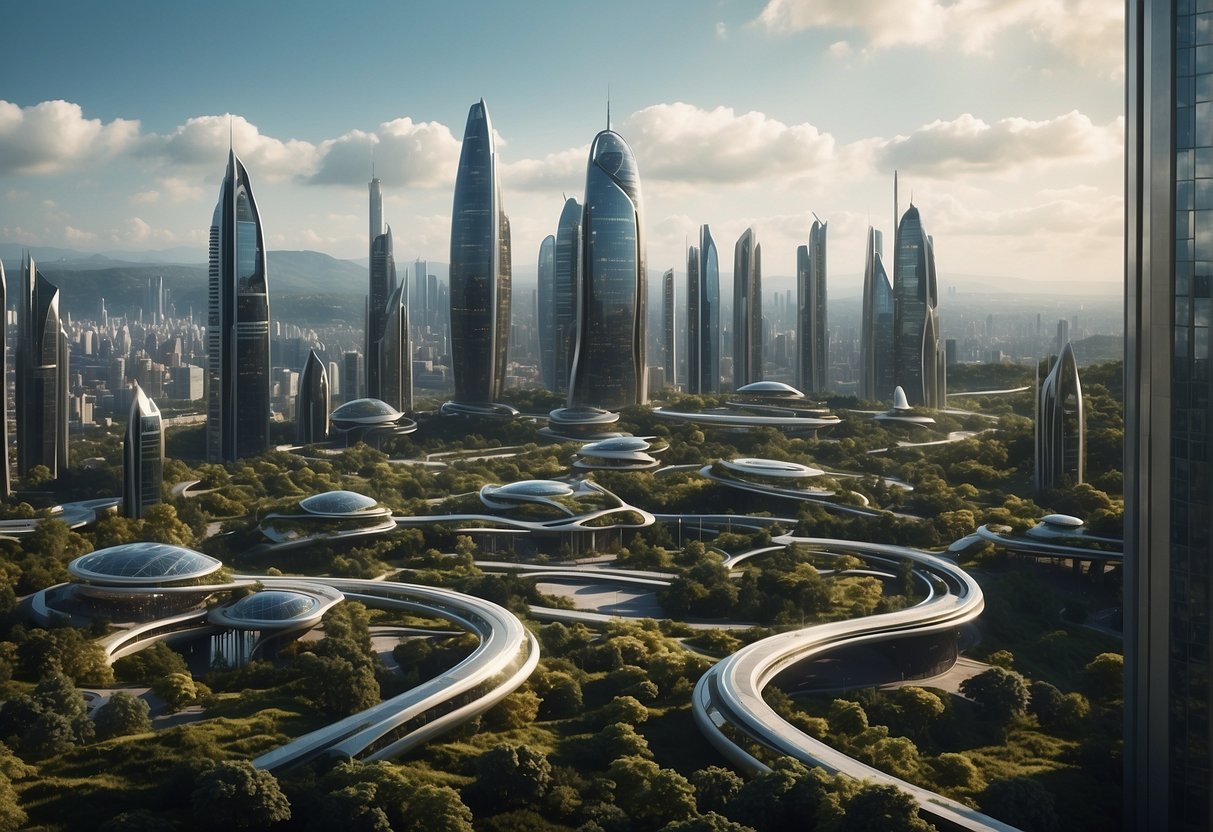 A futuristic cityscape with towering skyscrapers and sleek, advanced technology, surrounded by a lush, green landscape, depicting the evolution of space narratives in British media