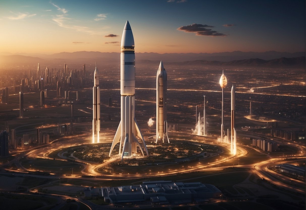 A rocket launches from a bustling spaceport, surrounded by futuristic buildings and bustling activity, while a network of satellites orbits above