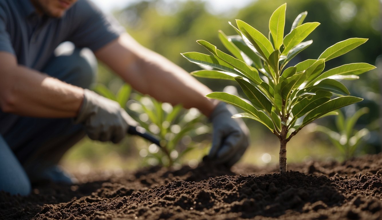 A gardener plants a young bay laurel tree in rich, well-draining soil, ensuring it receives ample sunlight and water for healthy growth