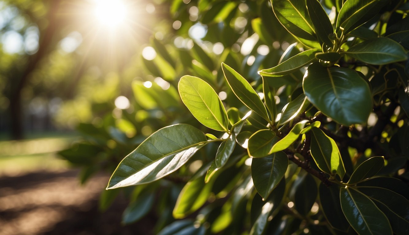 The sun shines down on a lush and vibrant bay laurel tree, surrounded by rich, well-draining soil and receiving regular water and nutrients
