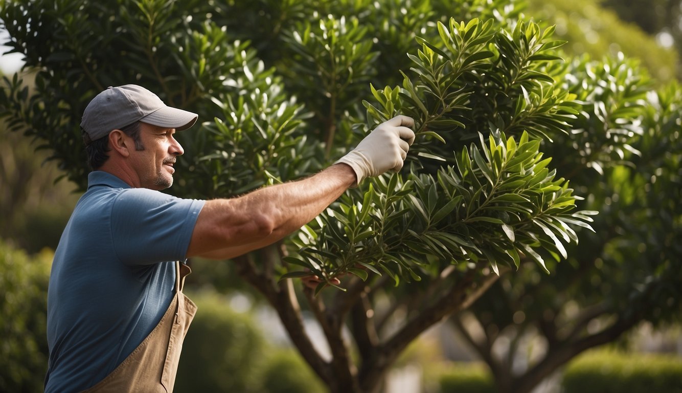 A gardener trims and fertilizes a healthy bay laurel tree in a well-maintained garden setting