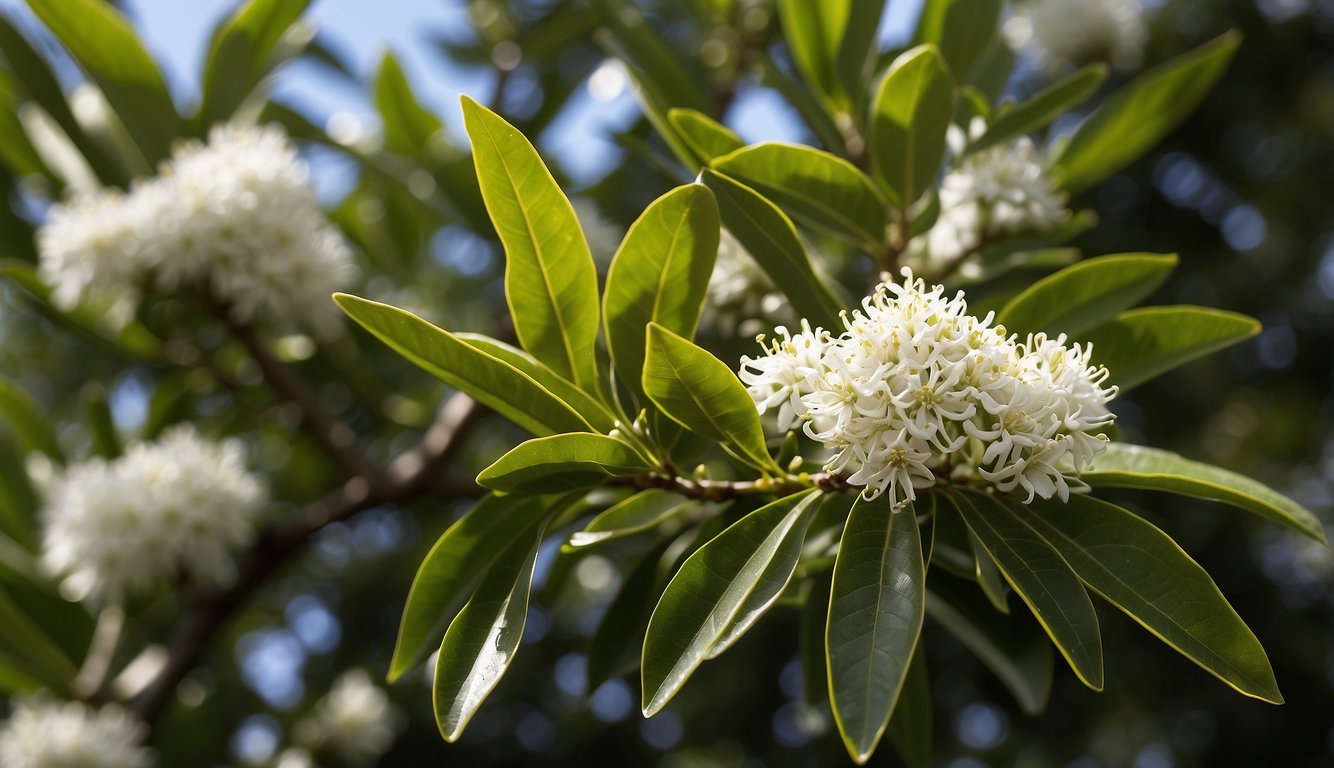 The bay laurel tree is adorned with vibrant green leaves and clusters of small, fragrant flowers, adding a touch of elegance to any garden or landscape
