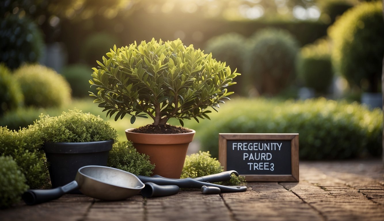A healthy bay laurel tree surrounded by gardening tools and a sign reading "Frequently Asked Questions: Bay Laurel Tree Care" in a peaceful garden setting