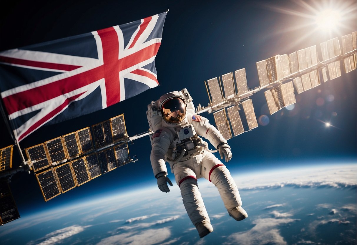The UK's flag flying high next to the International Space Station, with astronauts working on scientific experiments in the background
