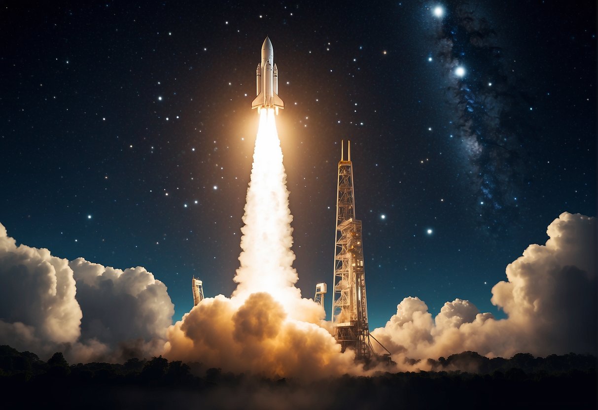 UK Startups Shooting for the Stars: A rocket launching into space amidst a backdrop of twinkling stars and a crescent moon, symbolizing the rise of UK startups in the space industry