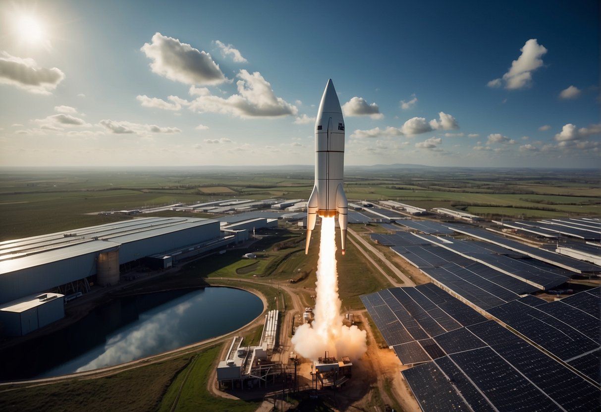 A rocket launches from a UK spaceport, surrounded by solar panels and recycling facilities, showcasing the commitment to sustainability and responsibility in space exploration