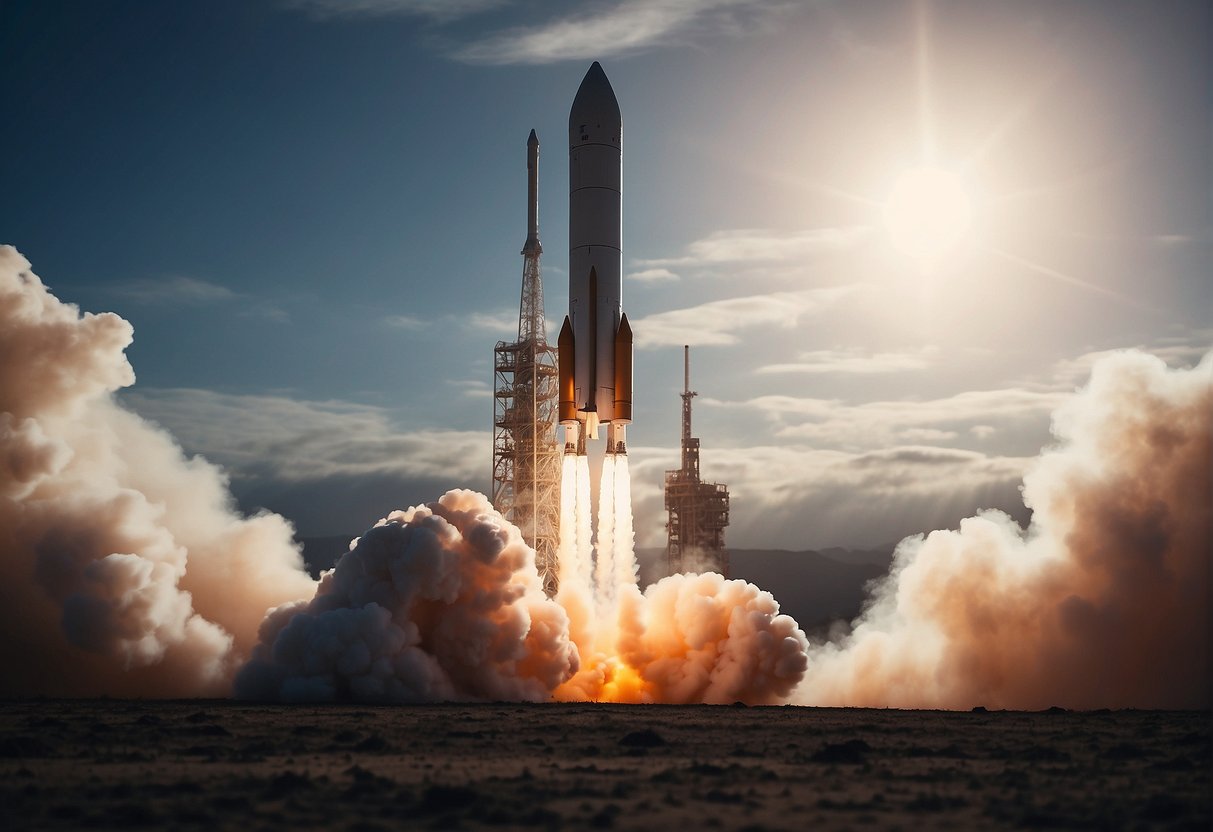 A rocket launches into space with a trail of fire and smoke, symbolizing the rise of UK startups in the space industry