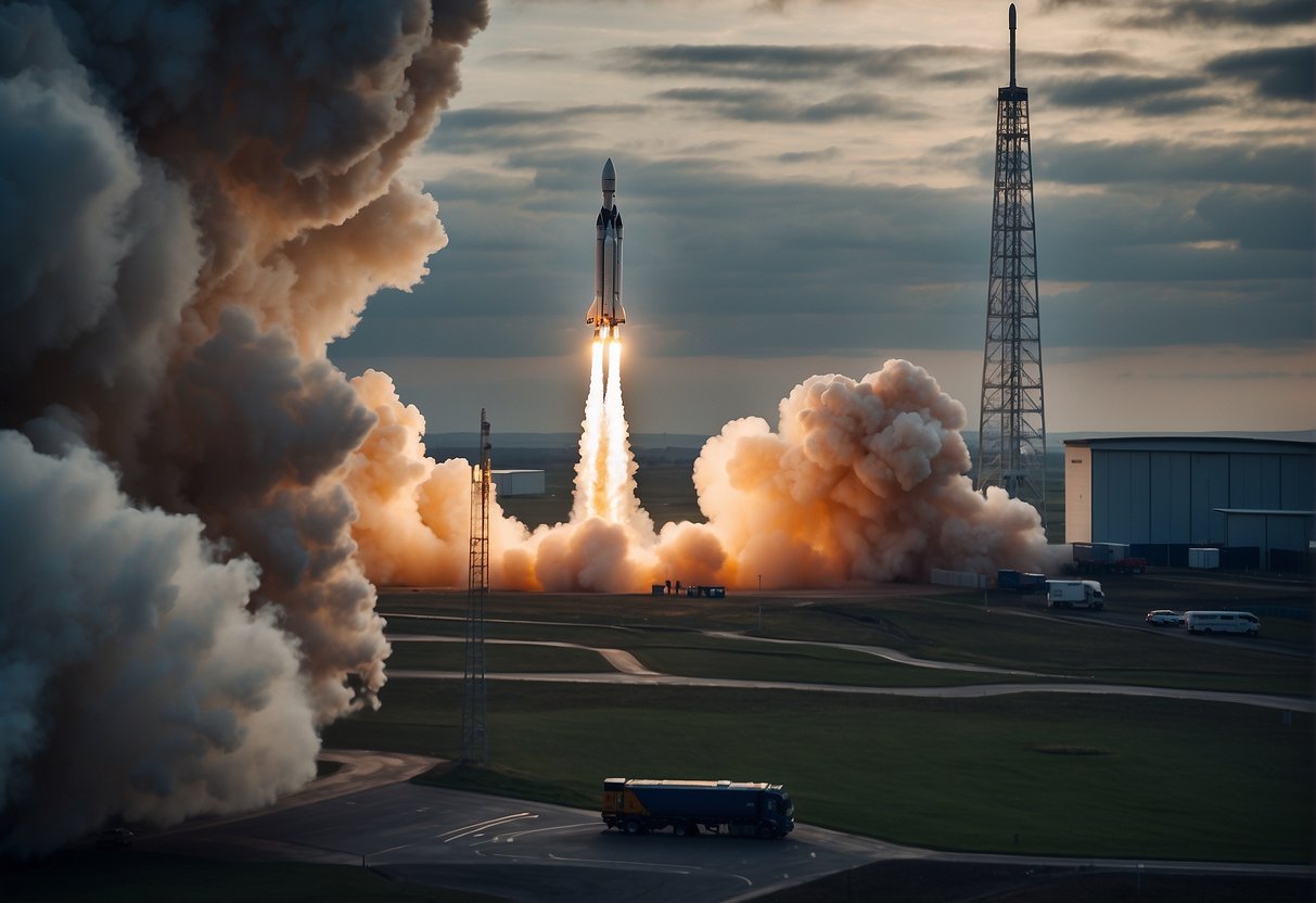 A rocket launches from a UK spaceport, surrounded by a collaborative network of public and private entities working together to advance space missions