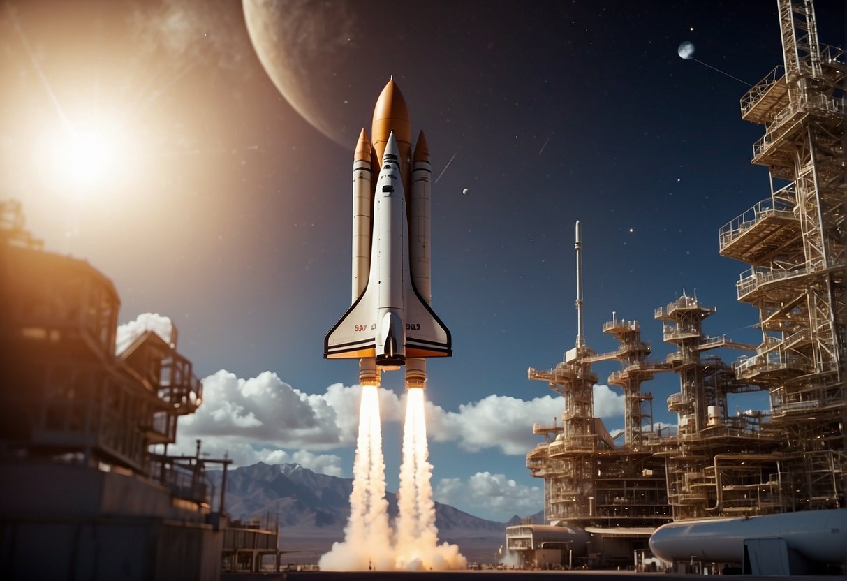 A rocket launches from a spaceport, surrounded by a bustling network of research facilities and communication satellites. Financial transactions and data exchanges between public and private entities are depicted in the background